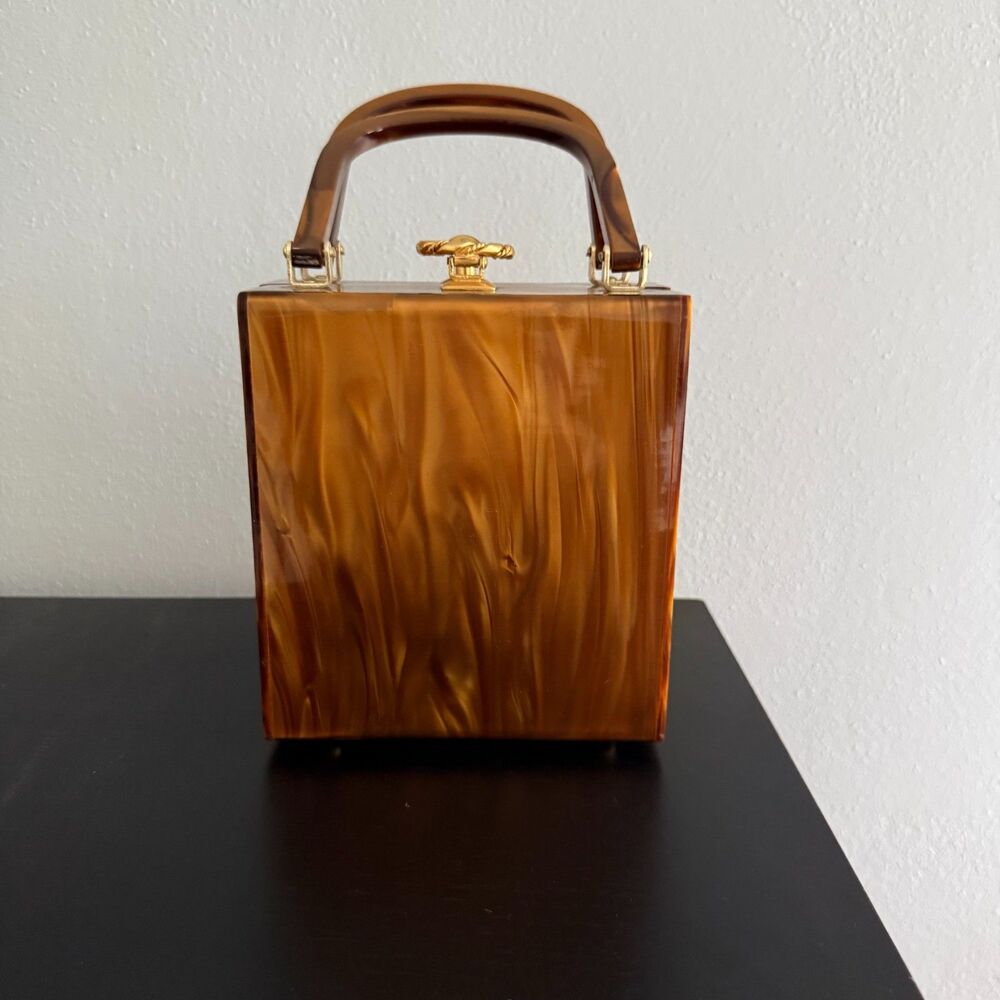 STYLECRAFT OF MIAMI Lucite/Acrylic Tiger Eye Amber Swirl Box Purse Handbag